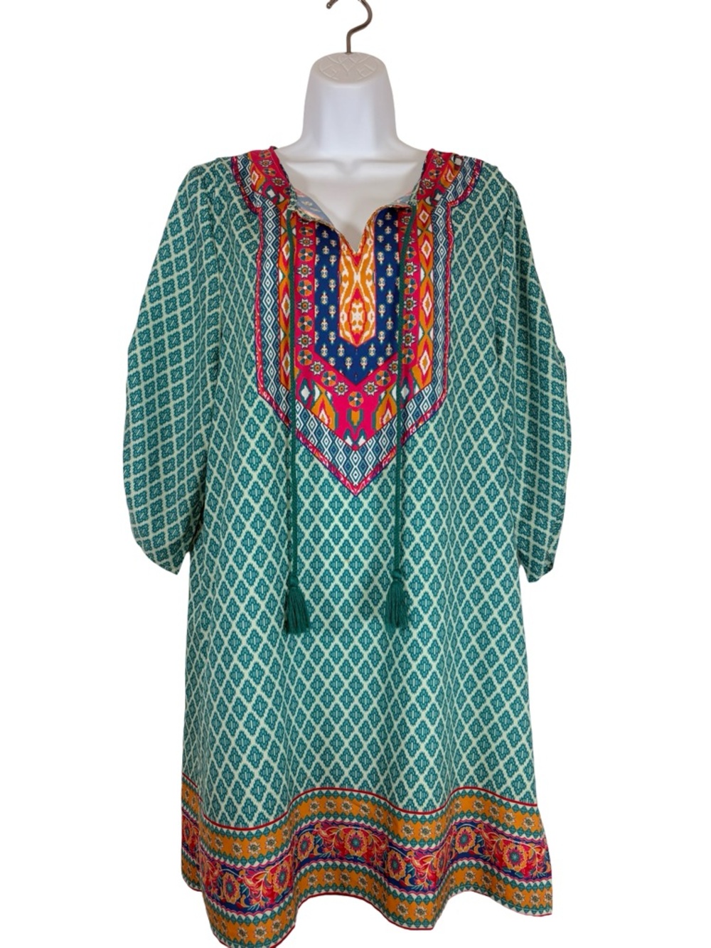 Urban Coco Boho Tunic Dress Size L Teal Tribal Print Tassel Neck Shift Resort